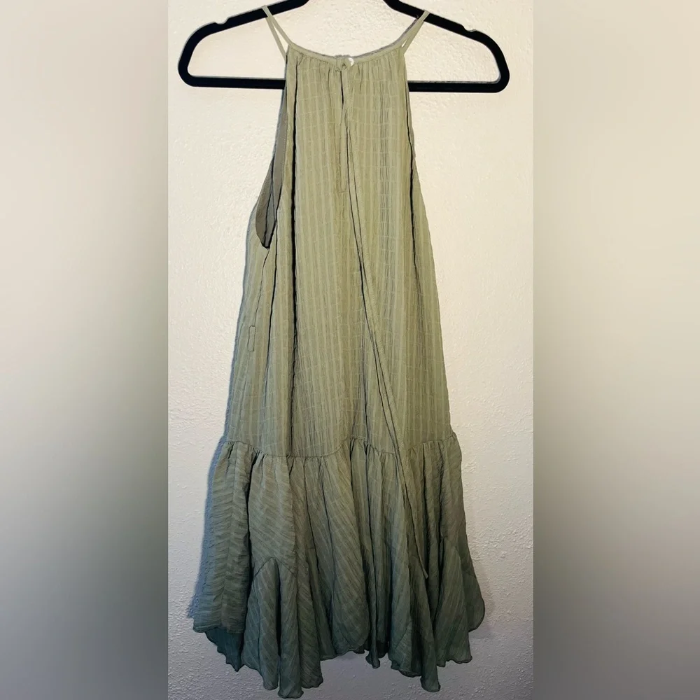 Miou Muse Halter Dress Olive Green Boho Ruffle Short Sleeveless Size L